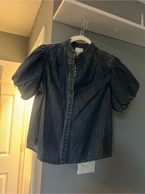 Dark Denim Puff-Sleeve Top - Navy